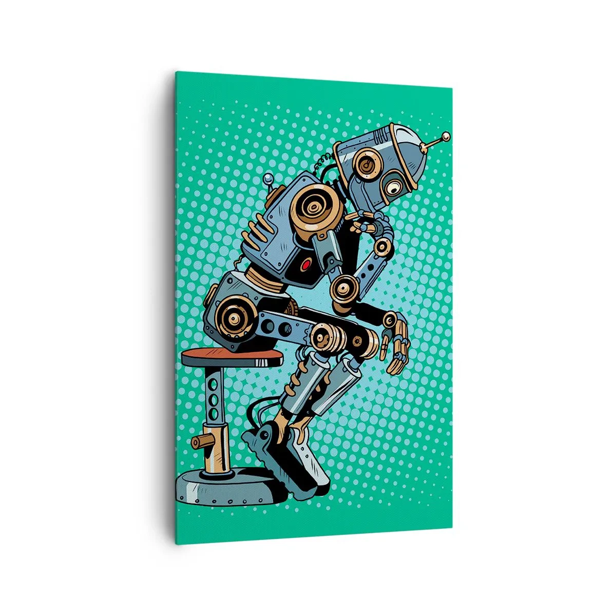 Cuadro sobre lienzo - Impresión de Imagen - Robot pensador de estilo pop art sobre un fondo verde - 80x120cm - Sobre la esencia del ser - Decoración de pared moderna para salón y dormitorio ARTTOR