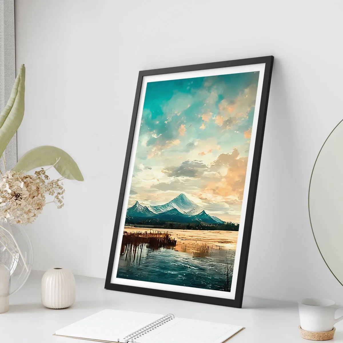 Póster en marco negro - Pintoresco paisaje de montaña al atardecer - 50x70cm - Bajo la protección del cielo - Decoración de pared moderna para salón y dormitorio ARTTOR