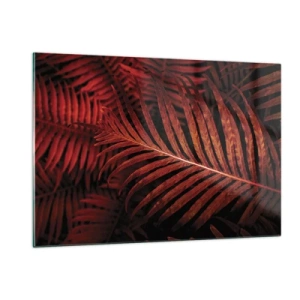 Cuadro sobre vidrio - Impresiones sobre Vidrio - Hojas rojas de una planta tropical sobre un fondo oscuro. - 120x80cm - Las brasas de la vida - Decoración de pared moderna para salón y dormitorio ARTTOR