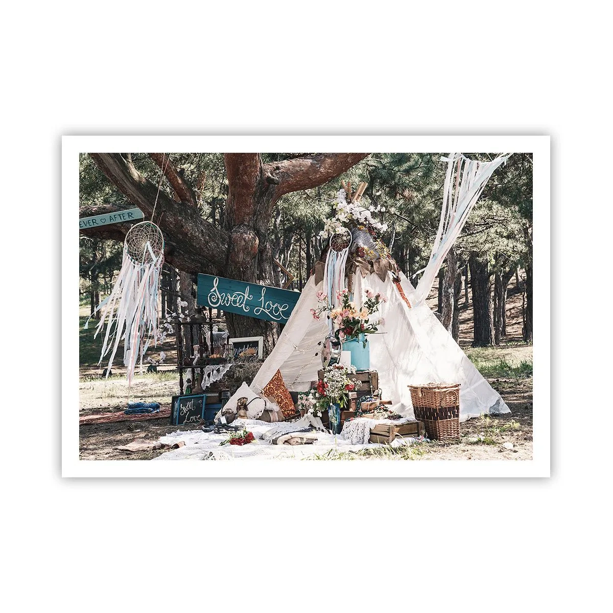 Póster - Decoración boho con un tipi en el bosque - 100x70cm - Amor exótico - Decoración de pared moderna para salón y dormitorio ARTTOR
