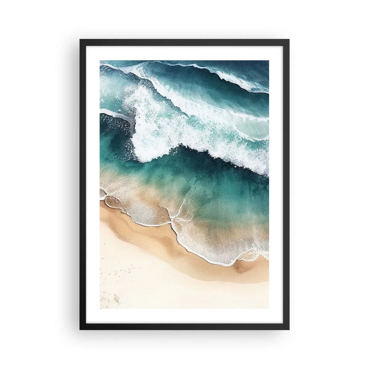 Póster en marco negro - Olas del mar rompiendo en la playa - 50x70cm - Un encuentro eterno - Decoración de pared moderna para salón y dormitorio ARTTOR
