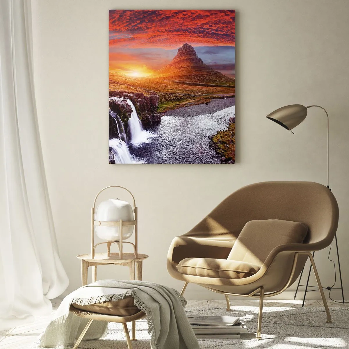 Cuadro sobre vidrio - Impresiones sobre Vidrio - Paisaje de montaña con cascada y puesta de sol - 50x70cm - Una vista de la Tierra Media - Decoración de pared moderna para salón y dormitorio ARTTOR