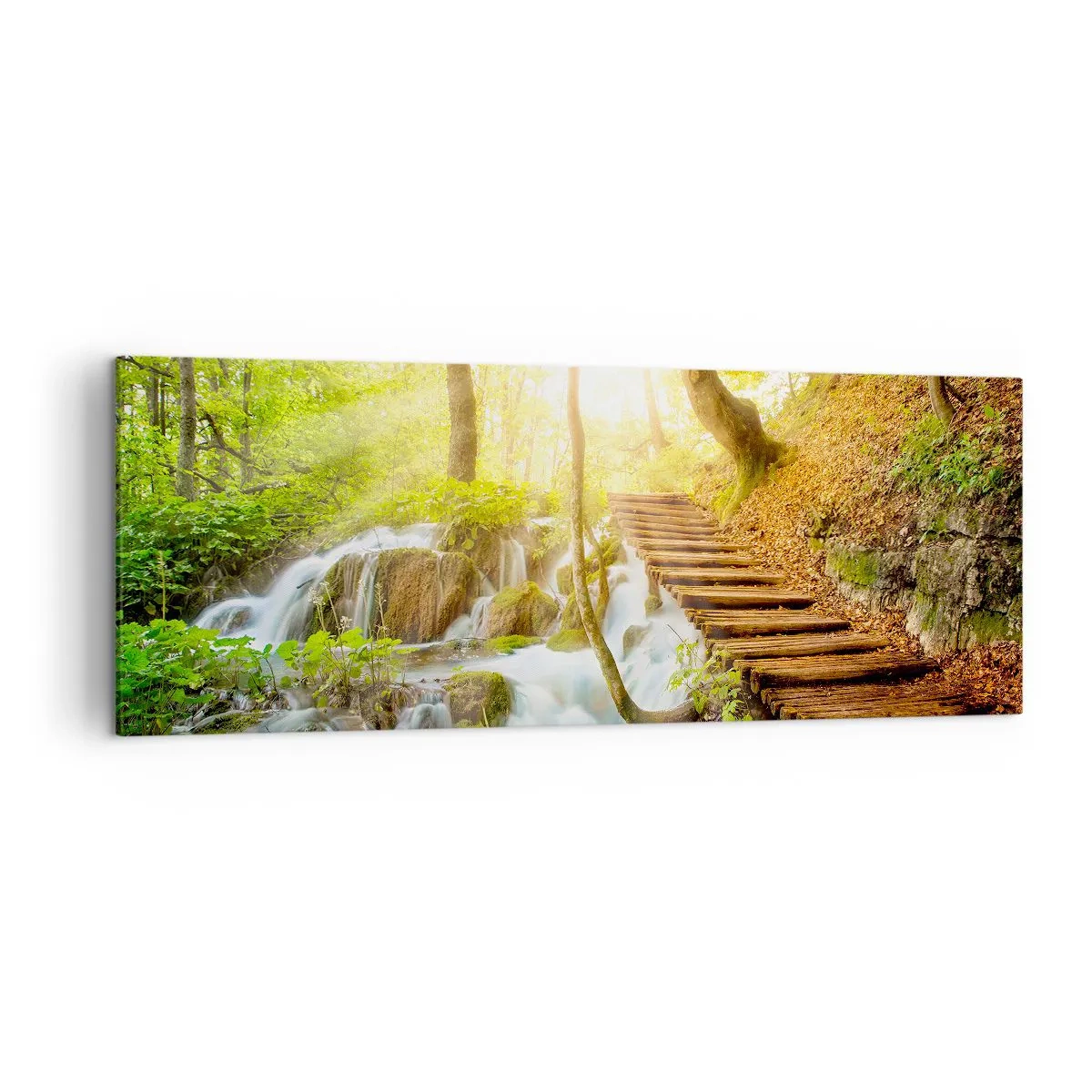 Cuadro sobre lienzo - Impresión de Imagen - Camino forestal con escaleras de madera junto a la cascada. - 140x50cm - El ansiado frescor - Decoración de pared moderna para salón y dormitorio ARTTOR