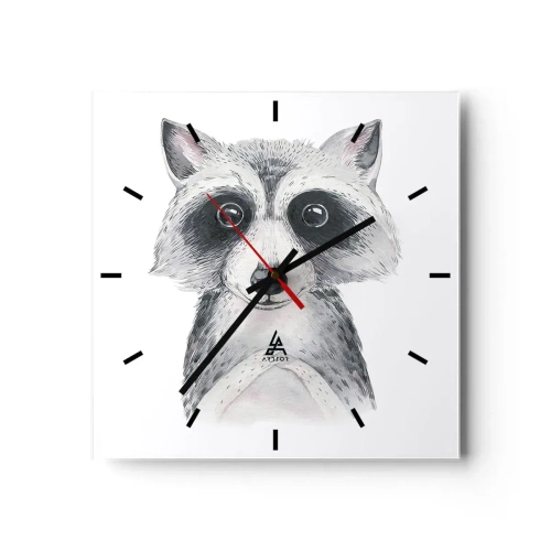 Reloj de pared - Reloj de vidrio - Adorable retrato de un mapache sobre un fondo blanco. - 30x30cm - Un momento para la emoción - Decoración de pared moderna para salón y dormitorio ARTTOR