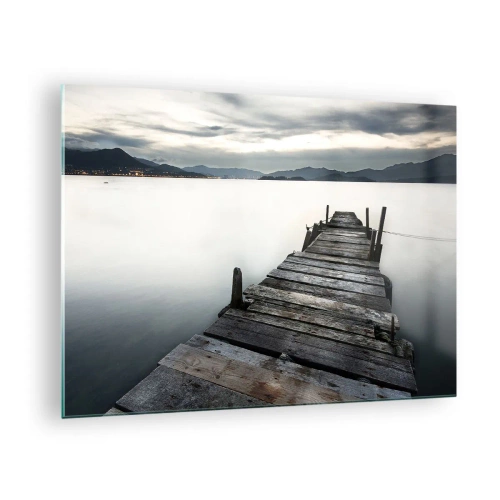 Cuadro sobre vidrio - Impresiones sobre Vidrio - Un embarcadero de madera con el telón de fondo de un lago tranquilo al atardecer. - 70x50cm - Sumérjase en la paz - Decoración de pared moderna para salón y dormitorio ARTTOR