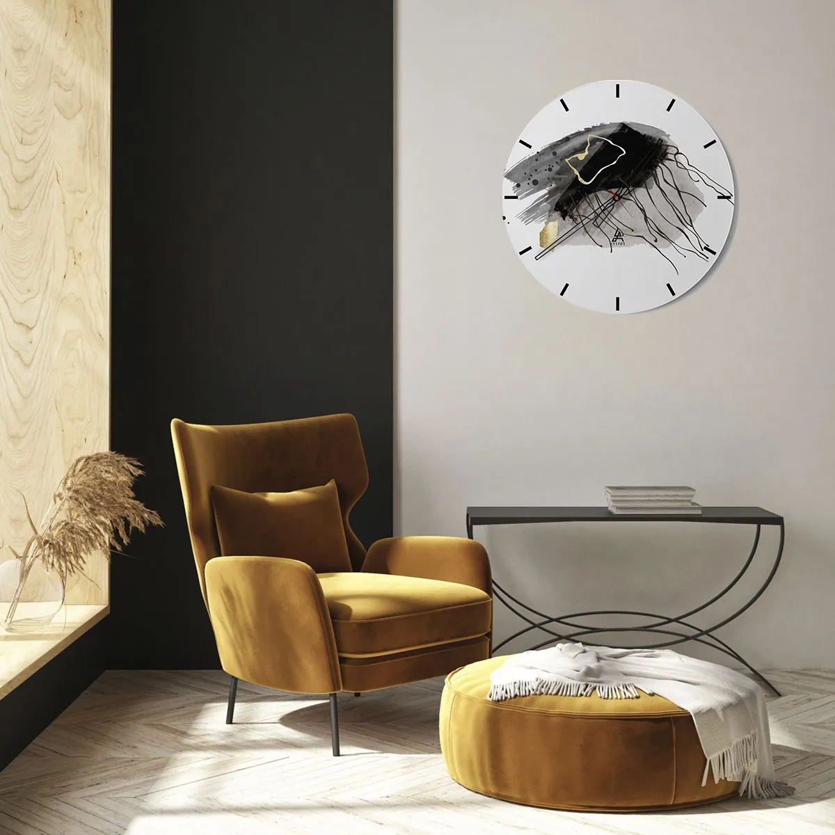 Reloj de pared - Reloj de vidrio - Motivo abstracto en negro, gris y dorado sobre fondo blanco. - 30x30cm - En negro y dorado - Decoración de pared moderna para salón, cocina y dormitorio ARTTOR