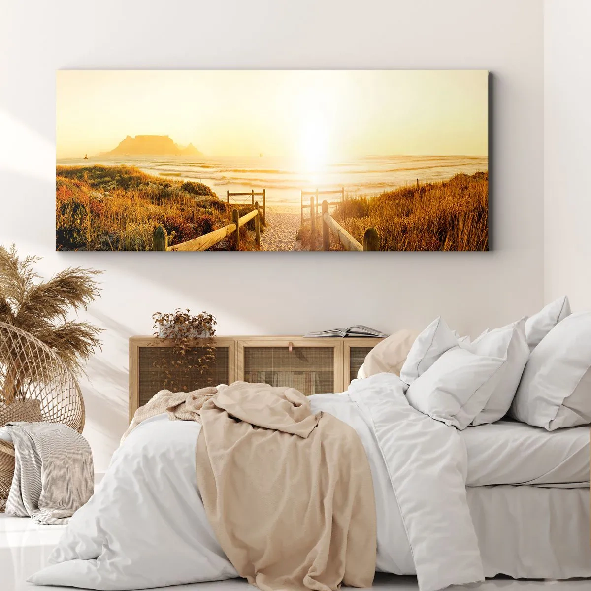 Cuadro sobre lienzo - Impresión de Imagen - Camino a la playa durante un atardecer dorado - 140x50cm - A través de la duna, hacia el sol - Decoración de pared moderna para salón y dormitorio ARTTOR