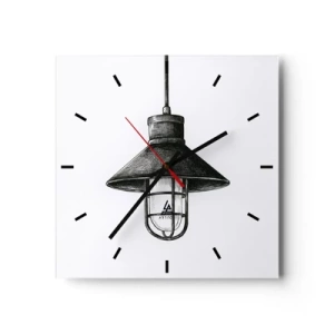 Reloj de pared - Reloj de vidrio - Dibujo de una lámpara colgante retro sobre fondo blanco. - 30x30cm - Como hace años... - Decoración de pared moderna para salón y dormitorio ARTTOR