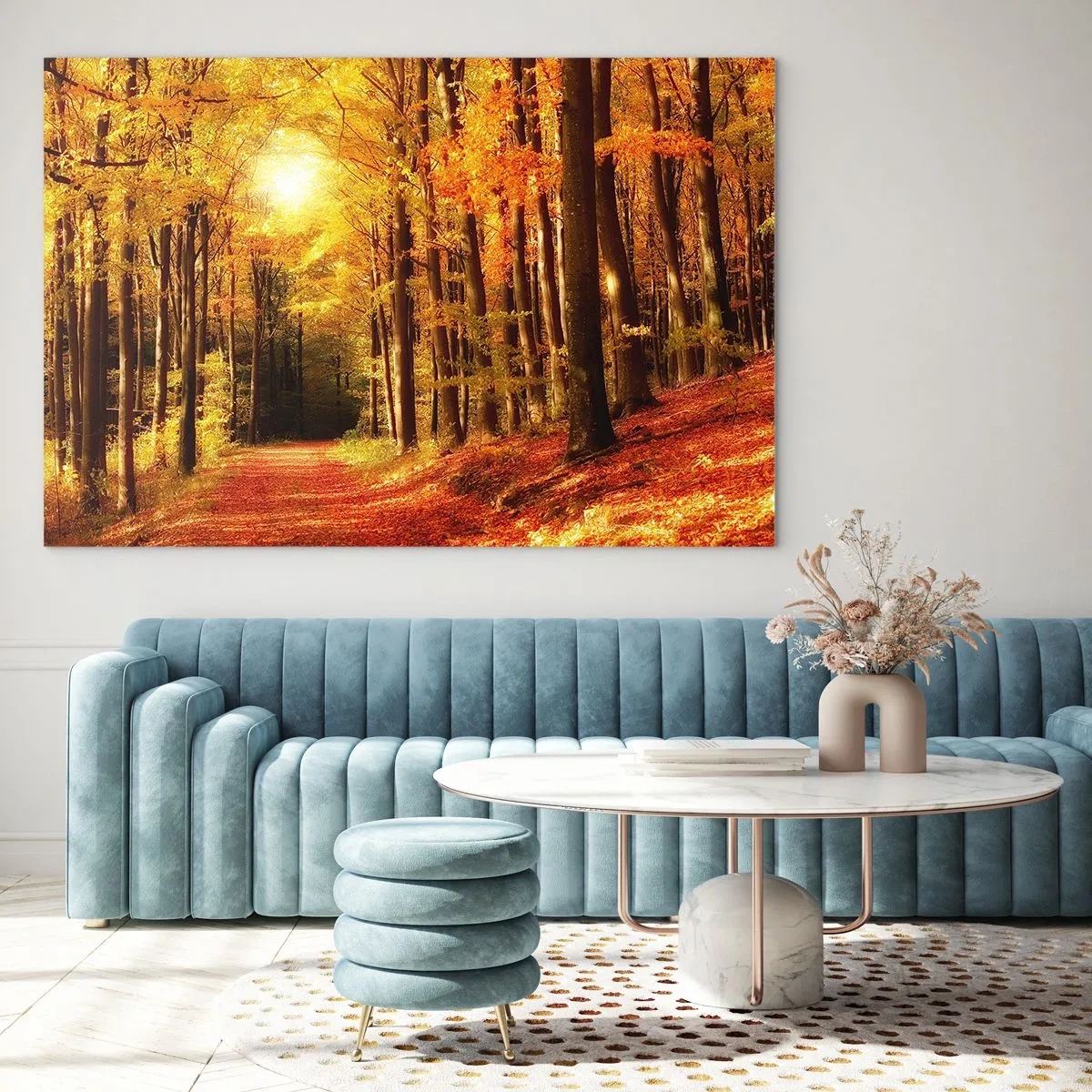 Cuadro sobre vidrio - Impresiones sobre Vidrio - Bosque otoñal bañado por la luz dorada del sol - 100x70cm - Un otoño dorado en una carretera forestal - Decoración de pared moderna para salón y dormitorio ARTTOR