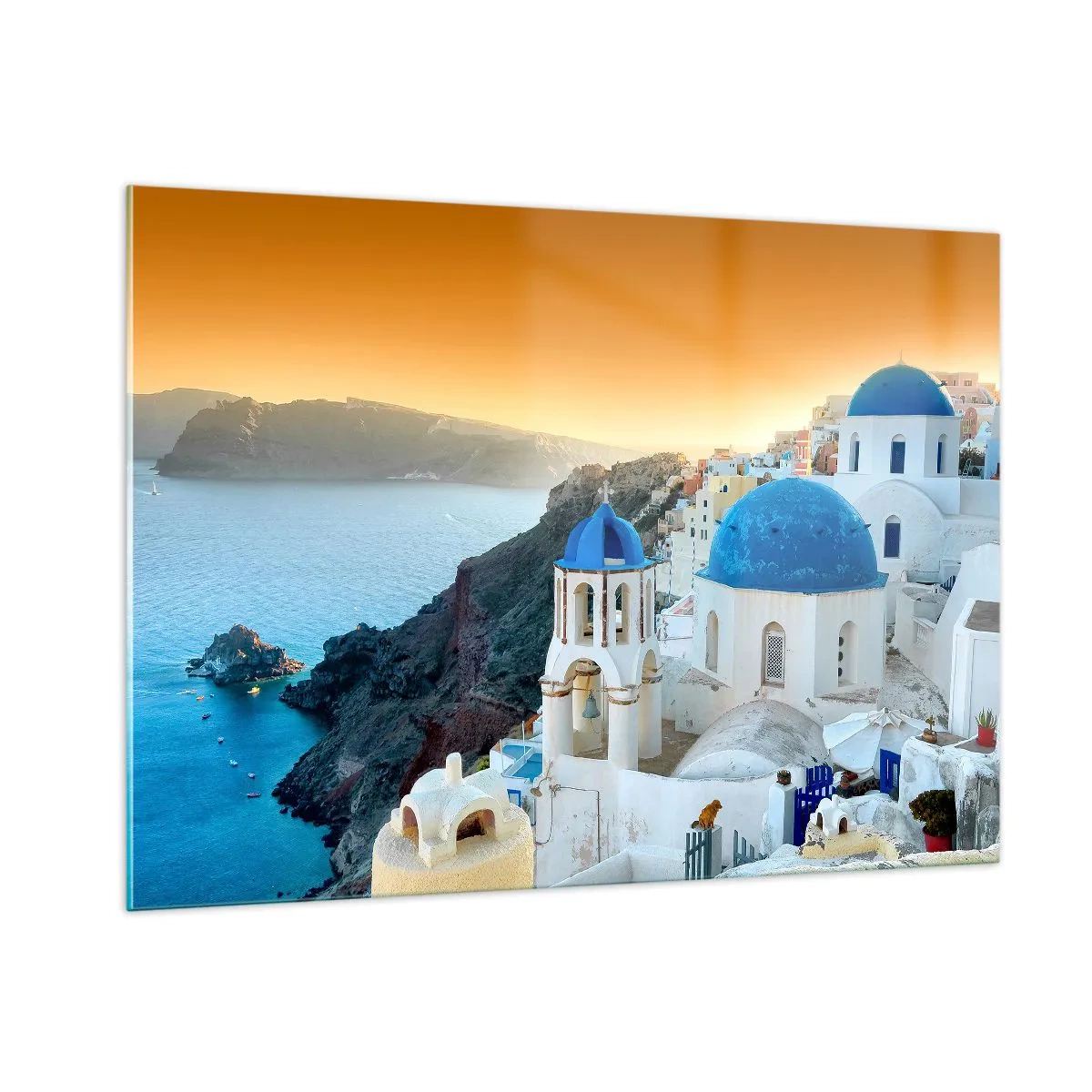 Cuadro sobre vidrio - Impresiones sobre Vidrio - Vista de Santorini con sus cúpulas azules y acantilados - 100x70cm - Santorini - el abrazo a las rocas - Decoración de pared moderna para salón y dormitorio ARTTOR