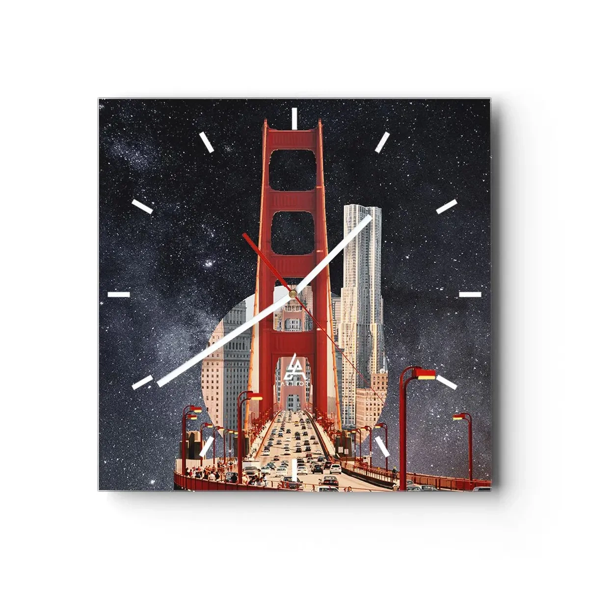 Reloj de pared - Reloj de vidrio - El puente Golden Gate con la ciudad al fondo contra un cielo estrellado - 30x30cm - Siempre en el centro - Decoración de pared moderna para salón y dormitorio ARTTOR