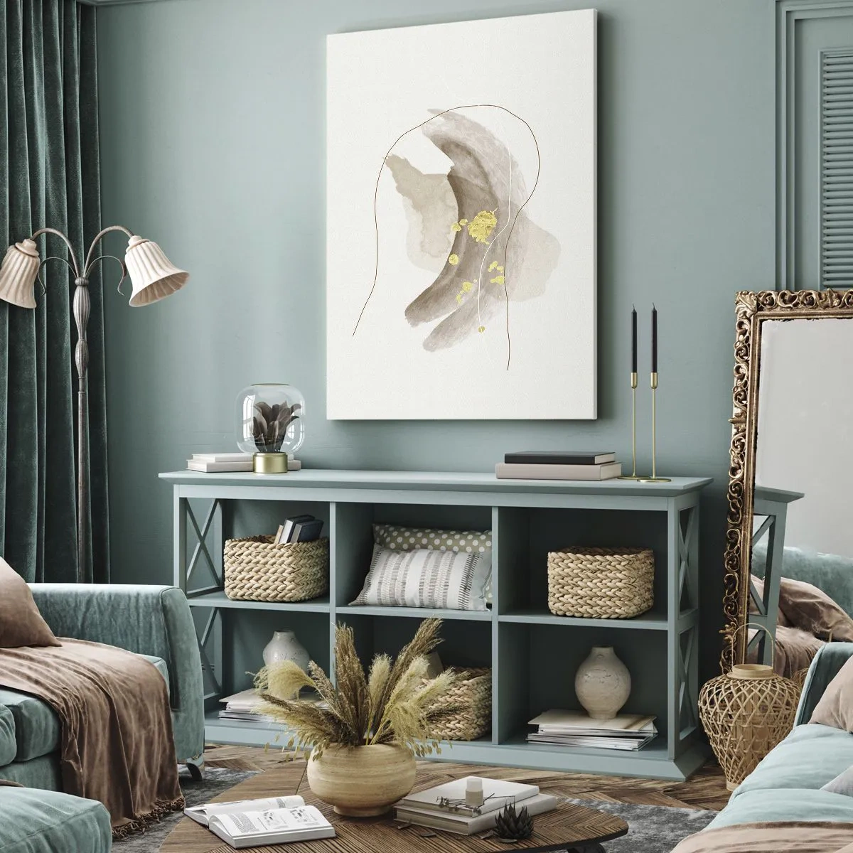 Cuadro sobre lienzo - Impresión de Imagen - Una composición abstracta en tonos beige y dorado. - 50x70cm - Encontrado en el espacio - Decoración de pared moderna para salón y dormitorio ARTTOR