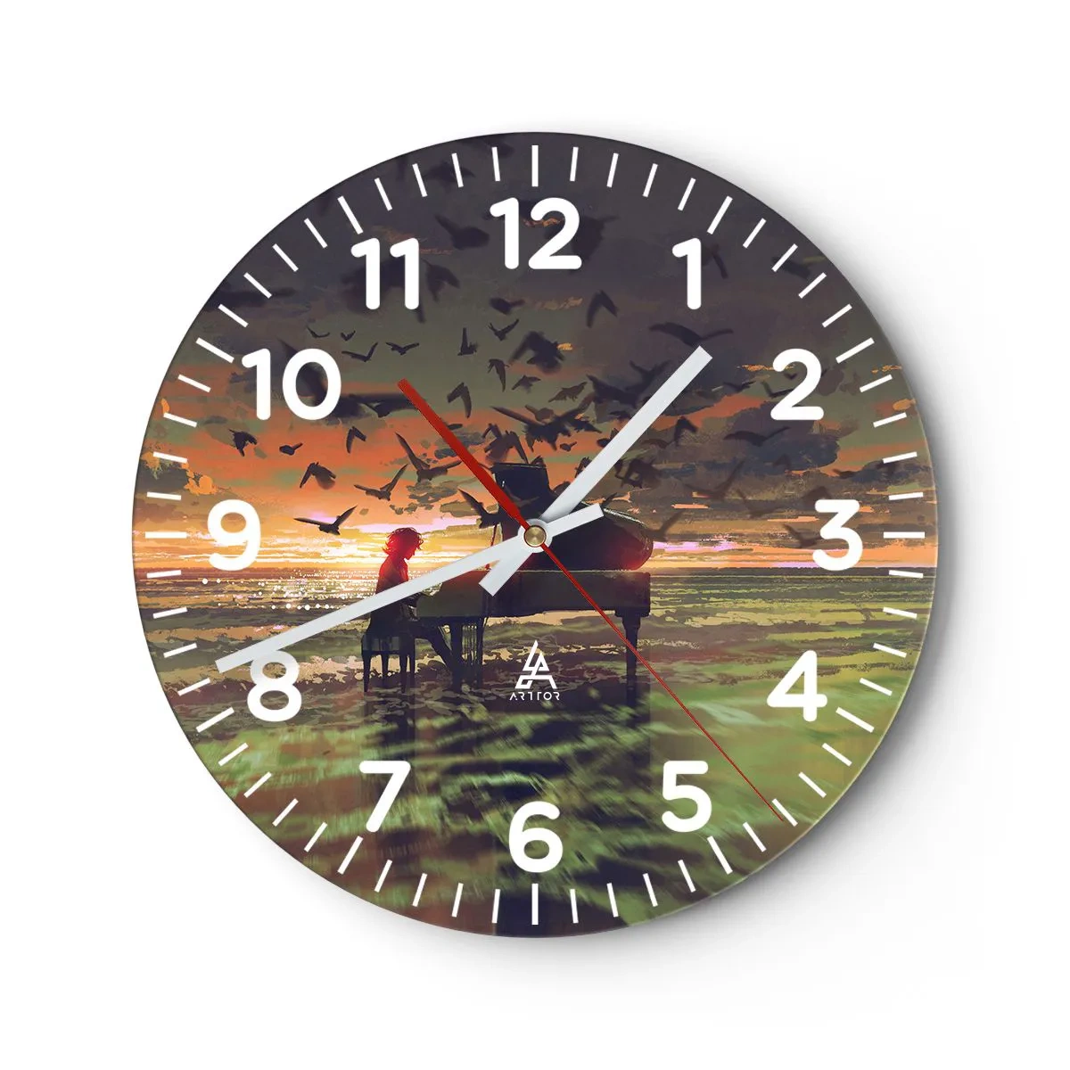 Reloj de pared - Reloj de vidrio - Concierto de piano y olas - 30x30 cm