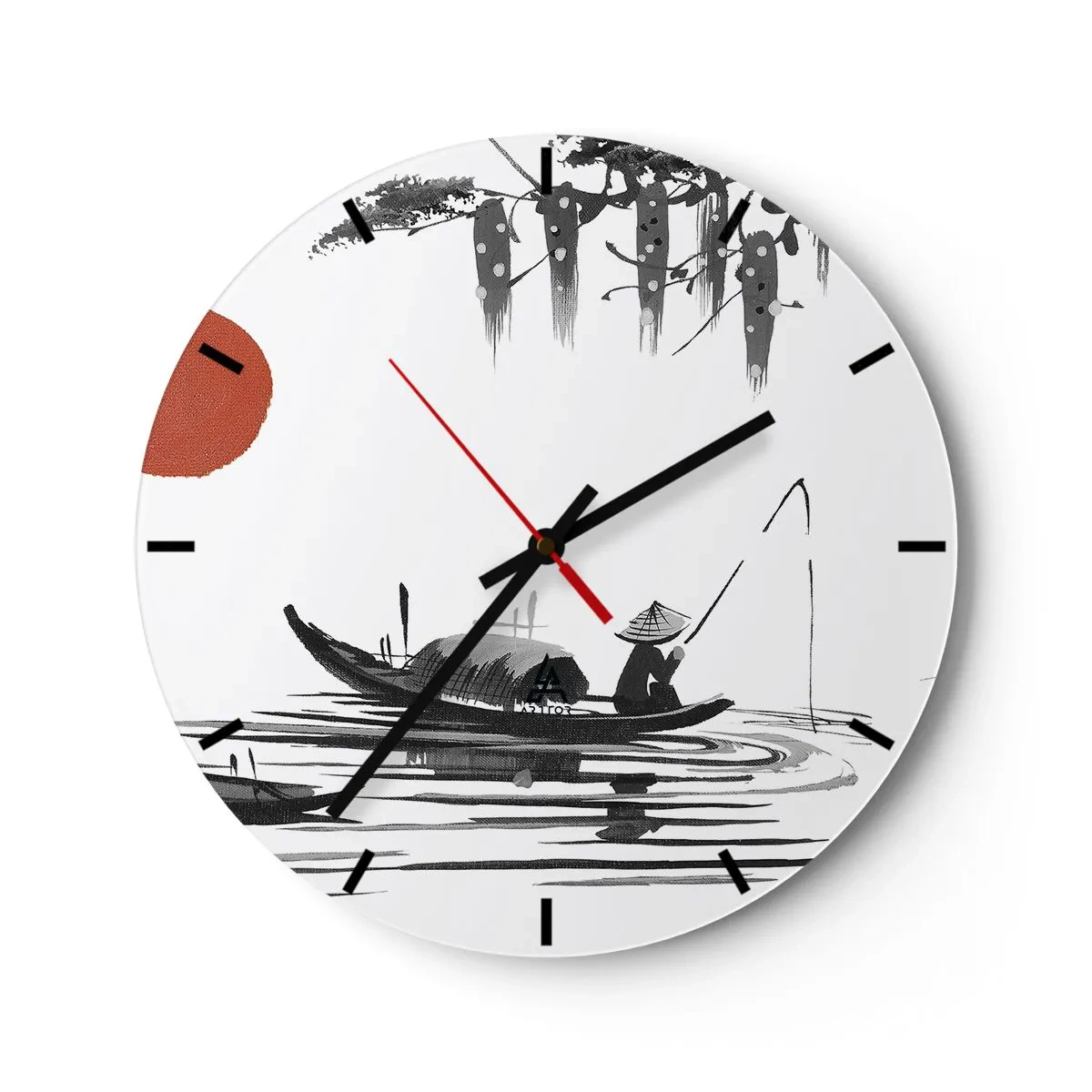 Reloj de pared - Reloj de vidrio - Ilustración tradicional de un pescador en un barco contra un sol rojo. - 30x30cm - Una tarde asiática - Decoración de pared moderna para salón, cocina y dormitorio ARTTOR