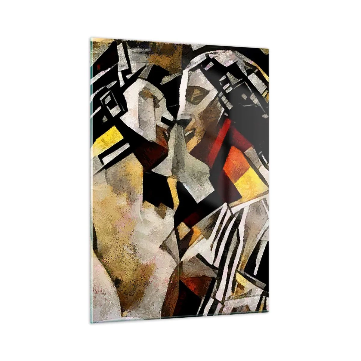 Cuadro sobre vidrio - Impresiones sobre Vidrio - Pareja abstracta en patrones geométricos - 50x70cm - Un beso escultural - Decoración de pared moderna para salón y dormitorio ARTTOR