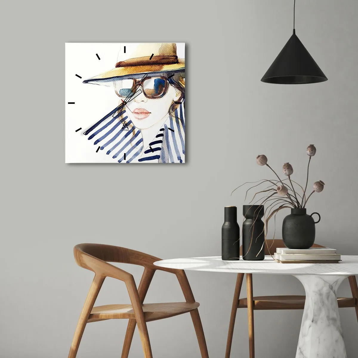 Reloj de pared - Reloj de vidrio - Retrato de una mujer con sombrero y gafas de sol. - 30x30cm - ¡Florida le da la bienvenida! - Decoración de pared moderna para salón y dormitorio ARTTOR
