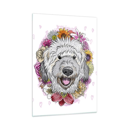 Cuadro sobre vidrio - Impresiones sobre Vidrio - Ilustración de un perro rodeado de flores. - 50x70cm - Alegría de cachorro - Decoración de pared moderna para salón y dormitorio ARTTOR