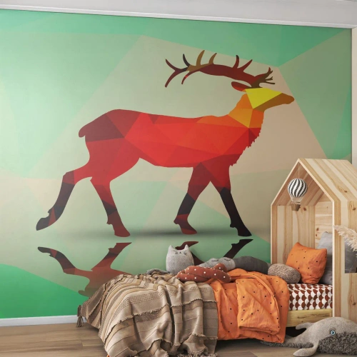 Fotomural Premium Sand - Silueta geométrica de un ciervo sobre un fondo verde - 100x70cm - Ciervo geométrico - Decoración de pared moderna para salón y dormitorio ARTTOR