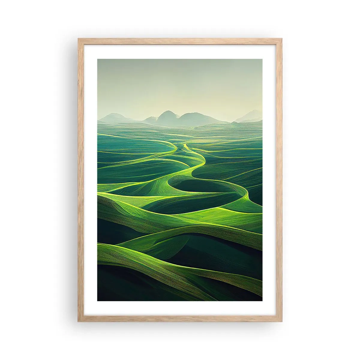 Póster en marco roble claro - Valles en tonos verdes - 50x70 cm