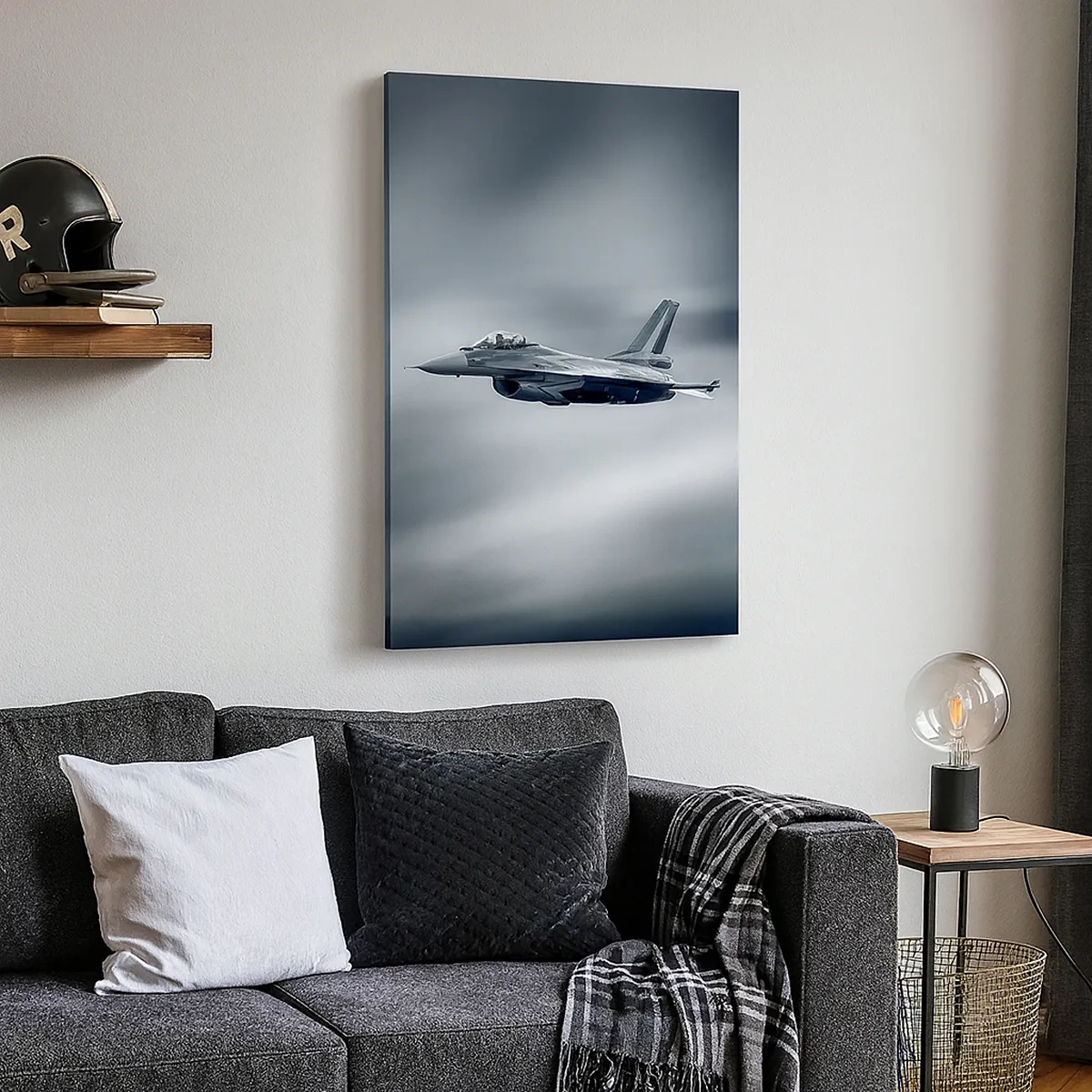 Cuadro sobre lienzo - Impresión de Imagen - Un avión de combate en vuelo contra un cielo nublado. - 50x70cm - ¿Quieres un reto? - Decoración de pared moderna para salón y dormitorio ARTTOR