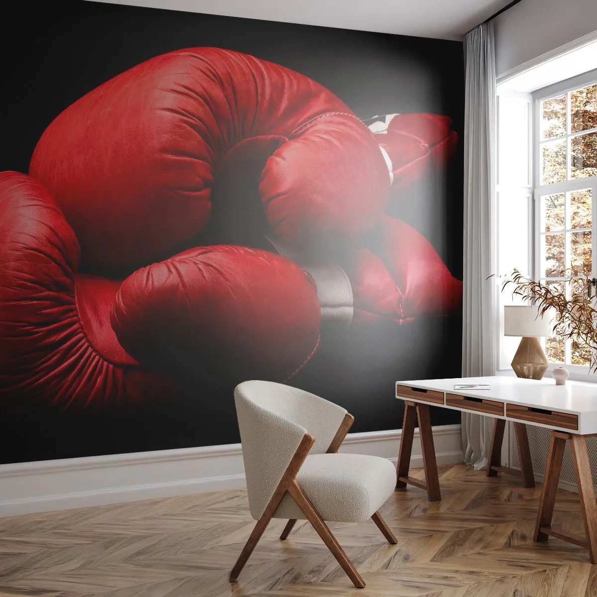 Fotomural Premium Sand - Guantes de boxeo rojos sobre fondo negro - 100x70cm - La emoción del combate quedó atrás - Decoración de pared moderna para salón y dormitorio ARTTOR