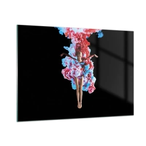 Cuadro sobre vidrio - Impresiones sobre Vidrio - Una bailarina rodeada de humo de colores sobre un fondo negro. - 100x70cm - En plena floración - Decoración de pared moderna para salón y dormitorio ARTTOR