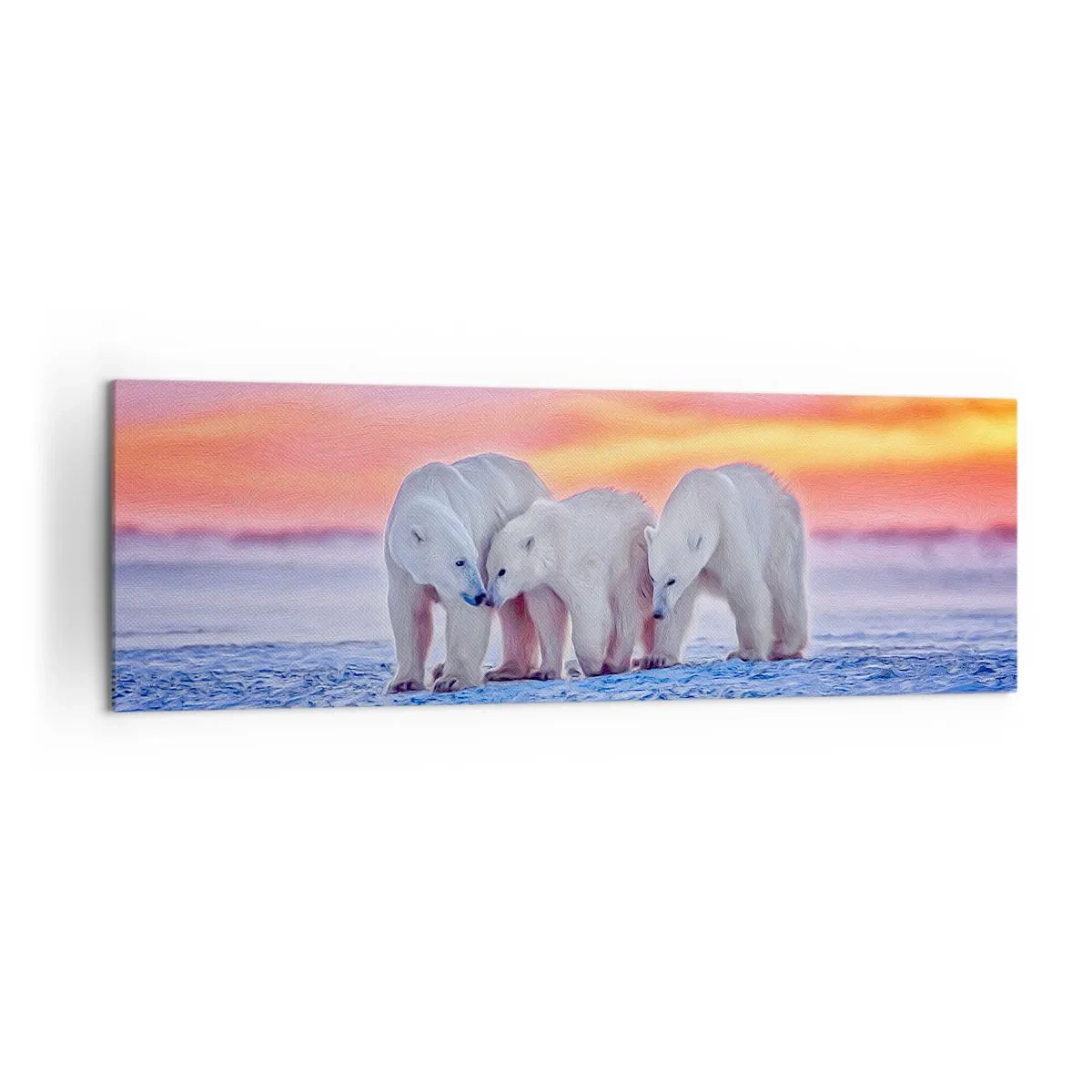 Cuadro sobre lienzo - Impresión de Imagen - Tres osos polares con el telón de fondo de una puesta de sol ártica. - 160x50cm - Todo lo que necesitas es el calor de la familia - Decoración de pared moderna para salón y dormitorio ARTTOR