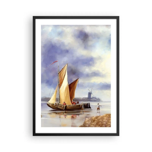 Póster en marco negro - Un velero en la orilla con un molino de viento al fondo. - 50x70cm - El regreso de los marineros - Decoración de pared moderna para salón y dormitorio ARTTOR