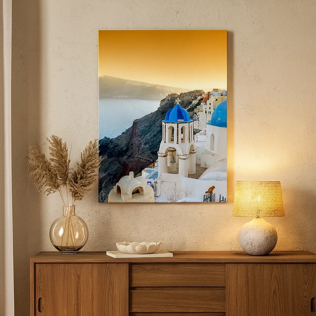 Cuadro sobre lienzo - Impresión de Imagen - Vista de Santorini con edificios blancos y mar azul. - 50x70cm - Santorini - el abrazo a las rocas - Decoración de pared moderna para salón y dormitorio ARTTOR