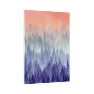 Cuadro sobre vidrio - Impresiones sobre Vidrio - Un bosque brumoso en tonos morados y naranjas. - 80x120cm - Alto, más alto, hasta el cielo - Decoración de pared moderna para salón y dormitorio ARTTOR