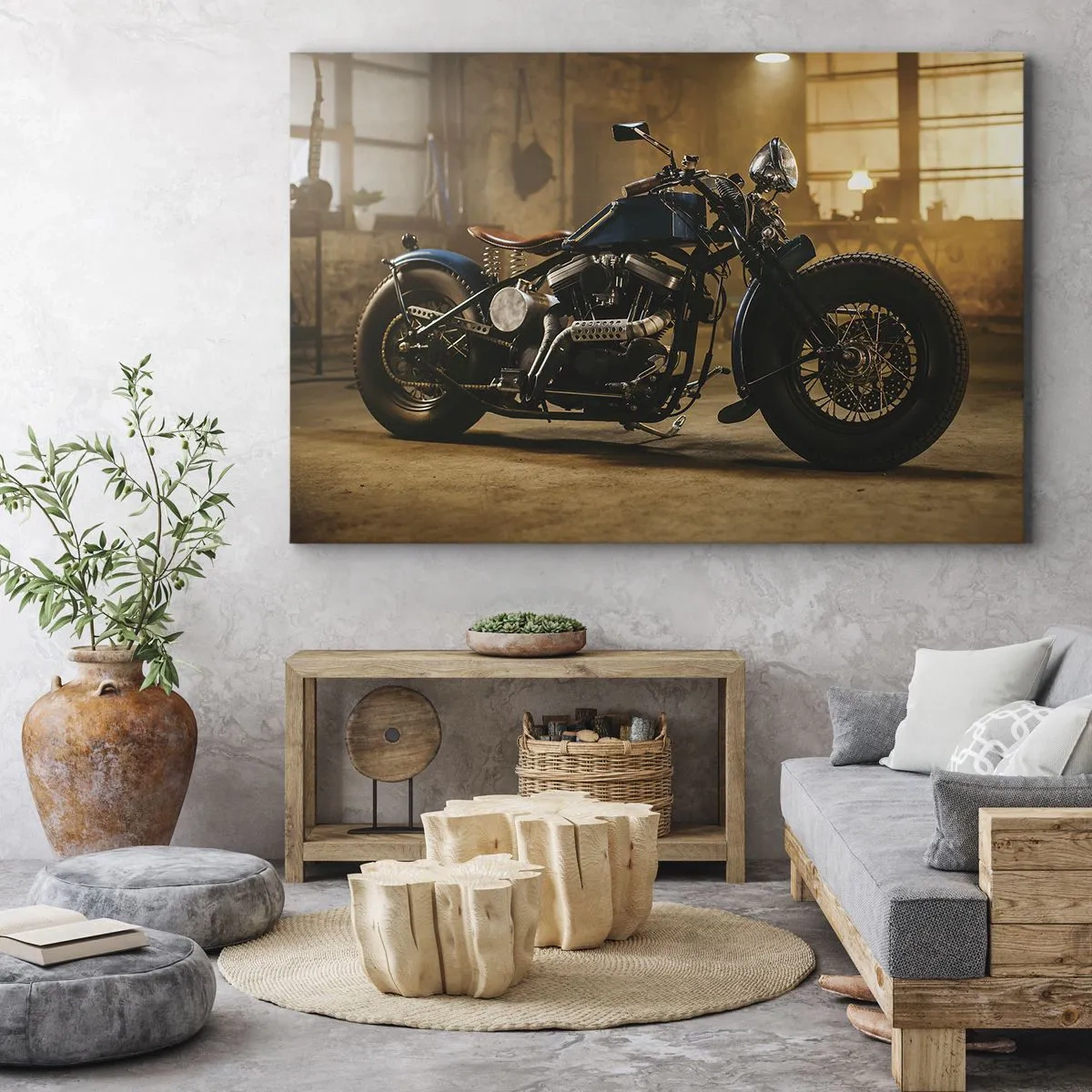 Cuadro sobre lienzo - Impresión de Imagen - Una motocicleta elegante en un interior industrial con iluminación cálida. - 70x50cm - Puedo hacer cualquier cosa - Decoración de pared moderna para salón y dormitorio ARTTOR