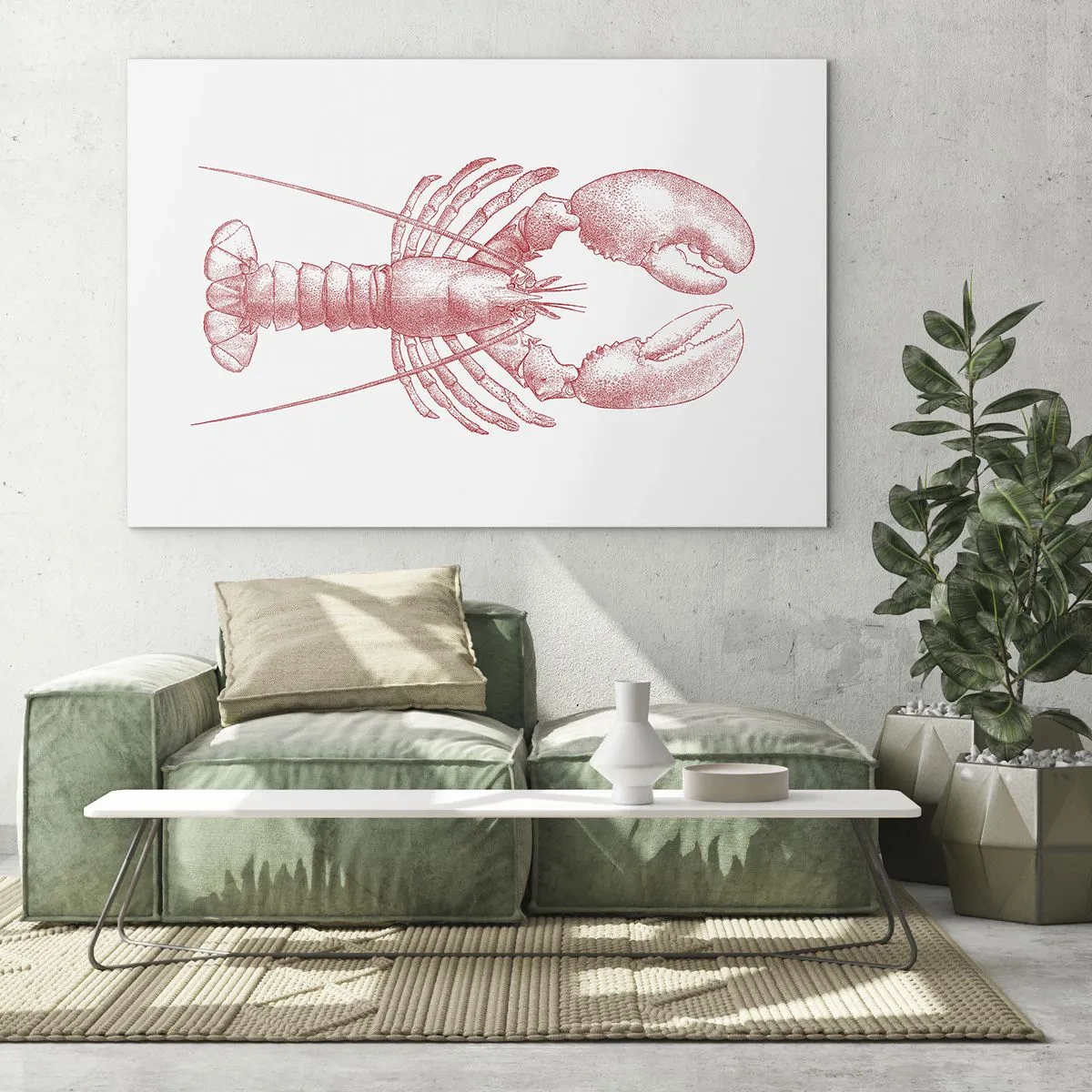 Cuadro sobre vidrio - Impresiones sobre Vidrio - Boceto de una langosta en rojo sobre un fondo claro. - 70x50cm - La reina de los fondos rocosos - Decoración de pared moderna para salón y dormitorio ARTTOR