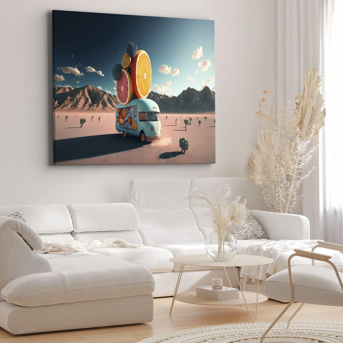 Cuadro sobre lienzo - Impresión de Imagen - Camión de frutas en un paisaje desértico - 70x50cm - Un sabor a vacaciones - Decoración de pared moderna para salón y dormitorio ARTTOR