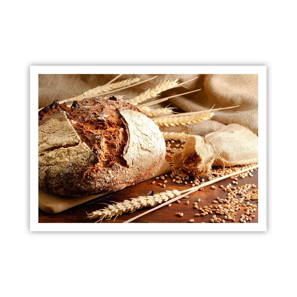 Póster - Pan crujiente con cereales y espigas de trigo sobre un fondo de madera - 100x70cm - Apetitoso, fragante, crujiente - Decoración de pared moderna para salón y dormitorio ARTTOR