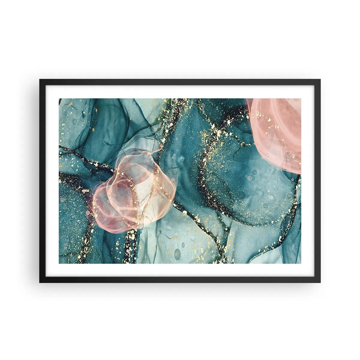 Póster en marco negro - Una composición abstracta en tonos turquesa y dorado. - 70x50cm - Seda azul, tul rosa - Decoración de pared moderna para salón y dormitorio ARTTOR