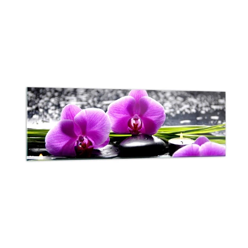 Cuadro sobre vidrio - Impresiones sobre Vidrio - Orquídeas moradas sobre un fondo de piedras y velas en un entorno relajante. - 160x50cm - Ahogarse en la paz y la tranquilidad - Decoración de pared moderna para salón y dormitorio ARTTOR