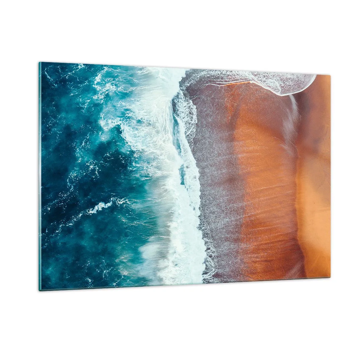 Cuadro sobre vidrio - Impresiones sobre Vidrio - Vista aérea de la superficie del océano y la orilla de la playa. - 120x80cm - Un toque de océano - Decoración de pared moderna para salón y dormitorio ARTTOR