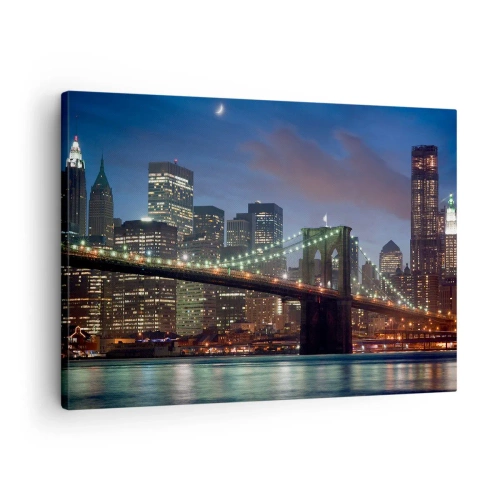 Cuadro sobre lienzo - Impresión de Imagen - Puente de la ciudad de Nueva York de noche con edificios iluminados - 70x50cm - Una noche iluminada - Decoración de pared moderna para salón y dormitorio ARTTOR