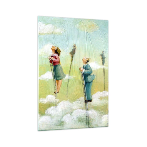 Cuadro sobre vidrio - Impresiones sobre Vidrio - Figuras subiendo escaleras entre nubes sobre un fondo pastel. - 70x100cm - Sigue tu sueño - Decoración de pared moderna para salón y dormitorio ARTTOR