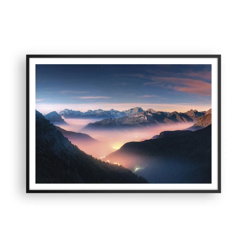 Póster en marco negro - Un paisaje de montaña con un valle lleno de niebla. - 100x70cm - Luz en los valles - Decoración de pared moderna para salón y dormitorio ARTTOR