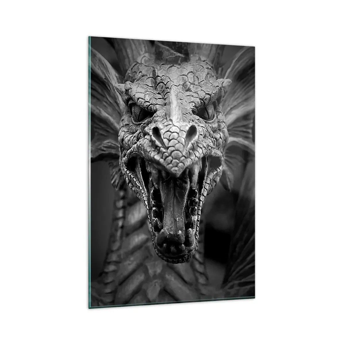 Cuadro sobre vidrio - Impresiones sobre Vidrio - Una cabeza de dragón amenazante en blanco y negro con detalles expresivos. - 80x120cm - Dragón de cuento de hadas en gris - Decoración de pared moderna para salón y dormitorio ARTTOR