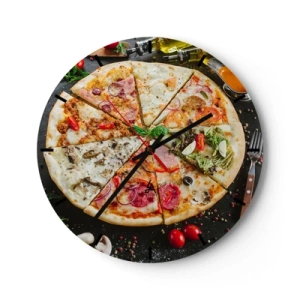 Reloj de pared - Reloj de vidrio - Deliciosa pizza con diversos ingredientes sobre un fondo negro. - 30x30cm - Una gama de gustos - Decoración de pared moderna para salón, cocina y dormitorio ARTTOR