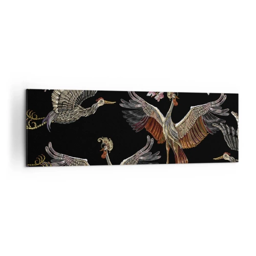 Cuadro sobre lienzo - Impresión de Imagen - Grullas y flores elegantes sobre un fondo negro. - 160x50cm - Aves de cuento de hadas - Decoración de pared moderna para salón y dormitorio ARTTOR