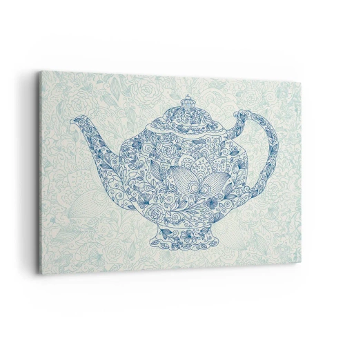 Cuadro sobre lienzo - Impresión de Imagen - Dibujo decorativo de una tetera con adornos azules. - 100x70cm - El encanto del té - Decoración de pared moderna para salón y dormitorio ARTTOR