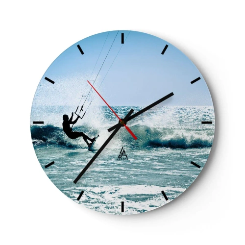 Reloj de pared - Reloj de vidrio - Kitesurfista montando una ola en un día soleado junto al mar - 30x30cm - Déjate llevar - Decoración de pared moderna para salón, cocina y dormitorio ARTTOR