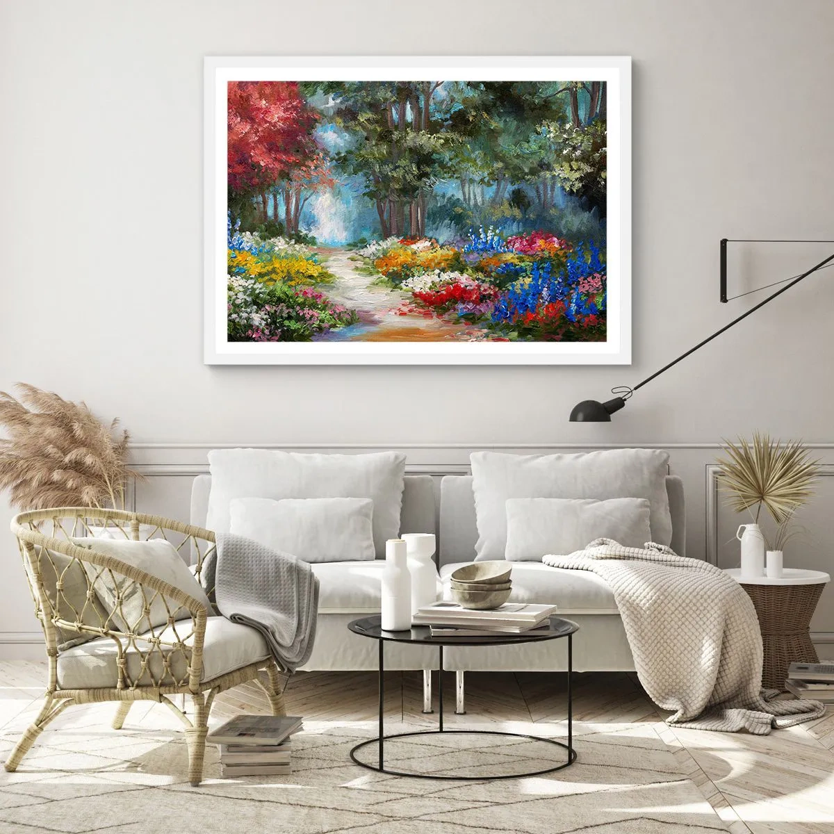 Póster en marco blanco - Jardín forestal, bosque floral - 100x70 cm