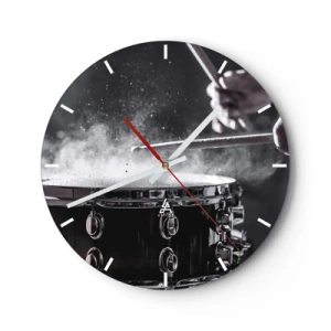 Reloj de pared - Reloj de vidrio - Tambores en acción, con polvo volando al golpear - 30x30cm - El pulso de la música - Decoración de pared moderna para salón, cocina y dormitorio ARTTOR