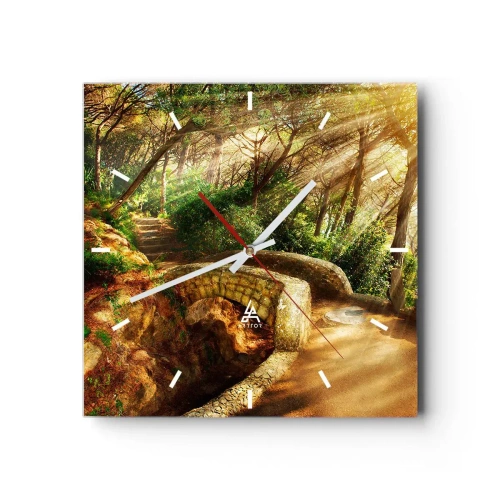 Reloj de pared - Reloj de vidrio - Paisaje forestal con rayos de sol y un puente de piedra. - 30x30cm - Directamente desde el puente hacia el bosque de las hadas - Decoración de pared moderna para salón y dormitorio ARTTOR
