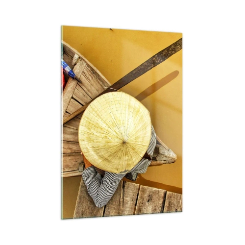Cuadro sobre vidrio - Impresiones sobre Vidrio - Vista superior de un barco y una persona con un sombrero cónico. - 50x70cm - La vida en el río amarillo - Decoración de pared moderna para salón y dormitorio ARTTOR