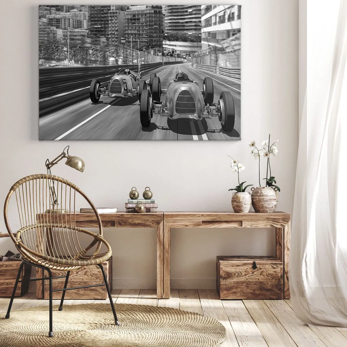 Cuadro sobre lienzo - Impresión de Imagen - Escena de carrera de coches retro monocromática - 100x70cm - Érase una vez en Montecarlo - Decoración de pared moderna para salón y dormitorio ARTTOR